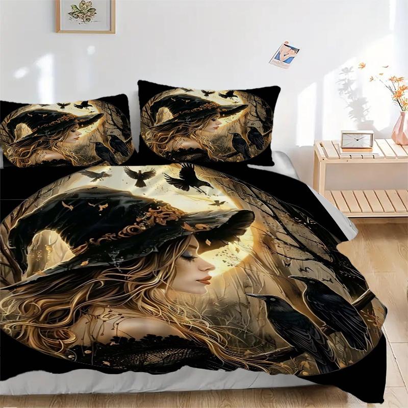 3pcs Witch's Moonlit Journey Bedding Set - Includes Quilt Cover and Pillowcases, Suitable for All Seasons J094