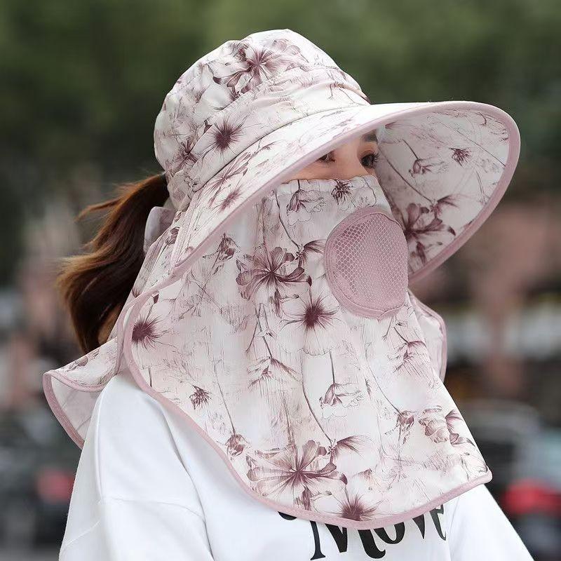 Pattern Flower Fan Women Breathable Sunshade Hat With Detachable Face Mask