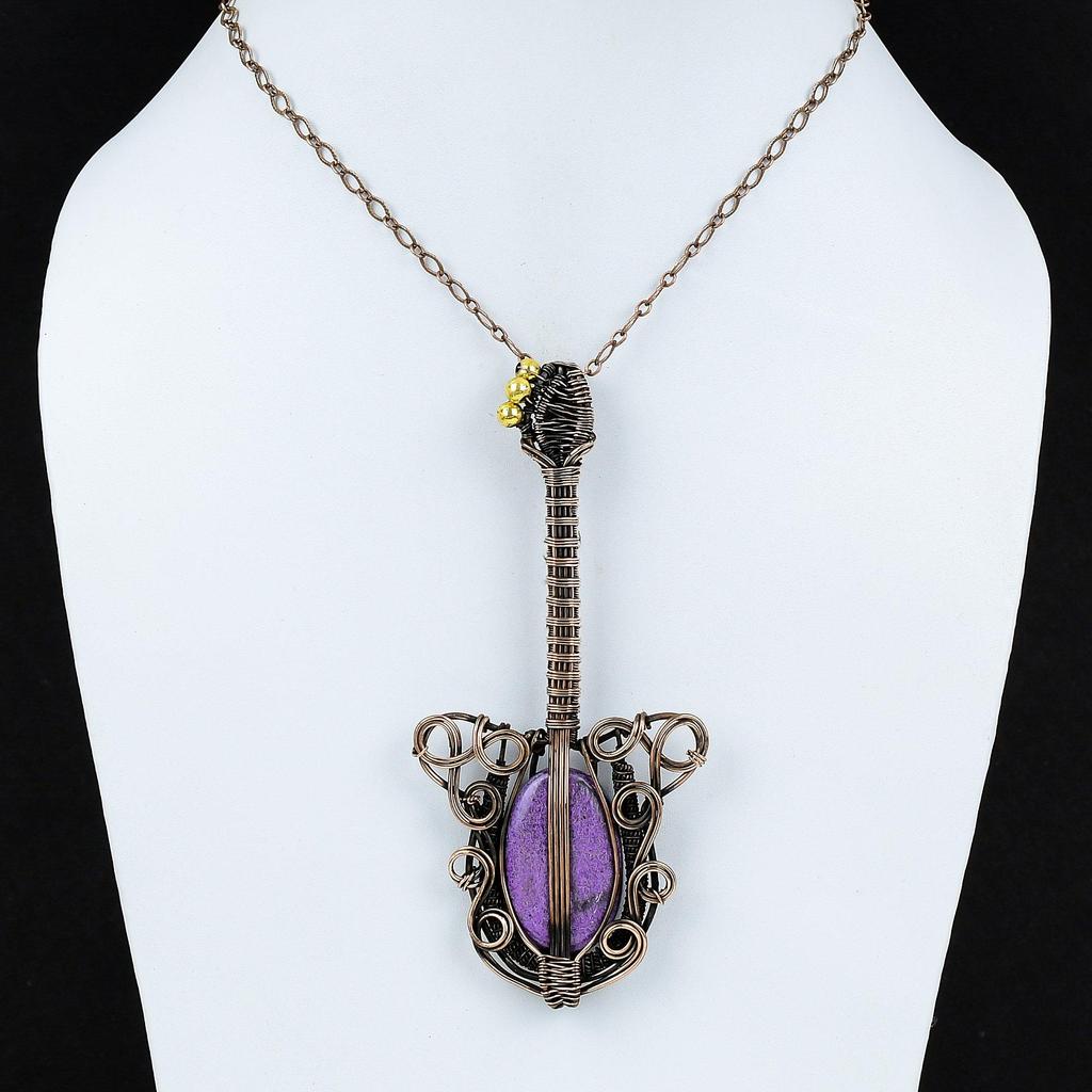 Пурпуритовый кулон, медная проволока, обернутая кулоном, гитара, кулон, проволока, ювелирные изделия, кулон из драгоценного камня ручной работы, медные ювелирные изделия, подарок для мамы