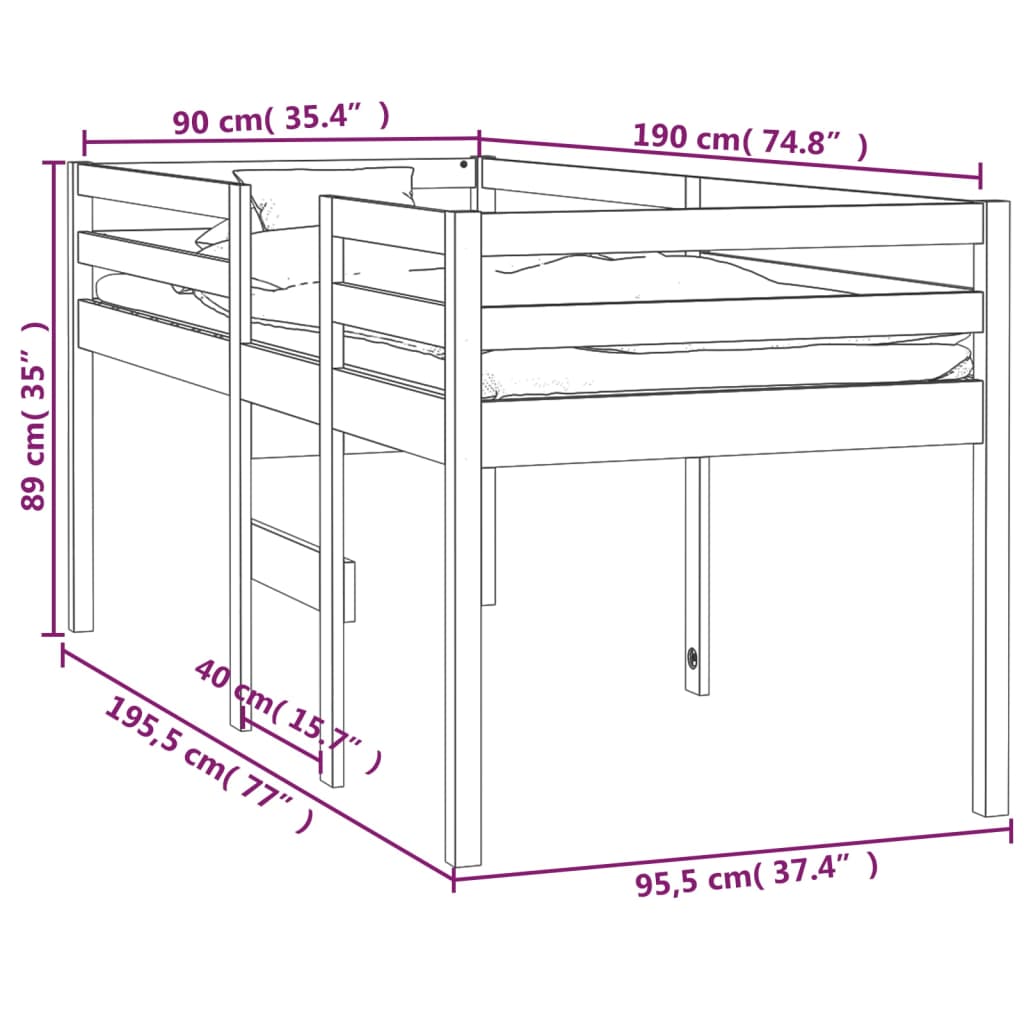 High Bed White 90 x 190 cm Solid Pine Wood