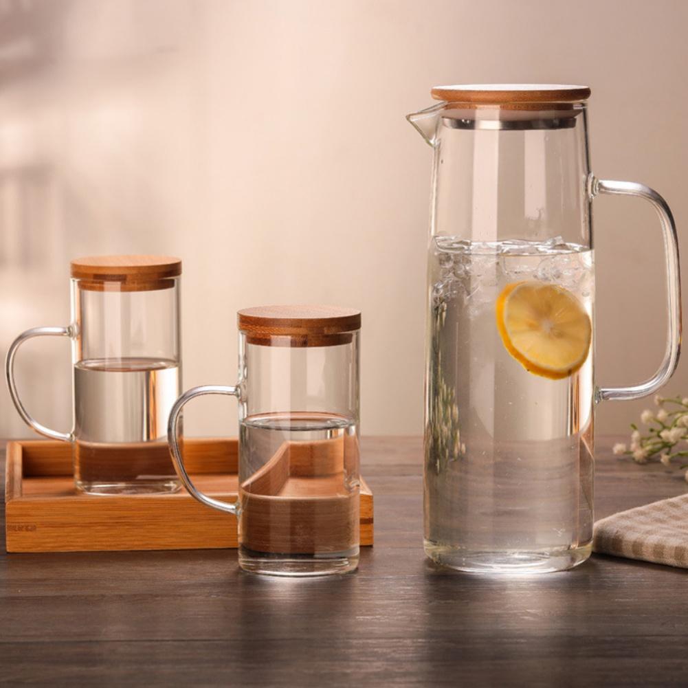 400/1300ml Glass Water Pitcher With Wooden Lid Handle Tea Milk Juice Jug Beverage Container Heat-resistant Glass Cups Drinkware