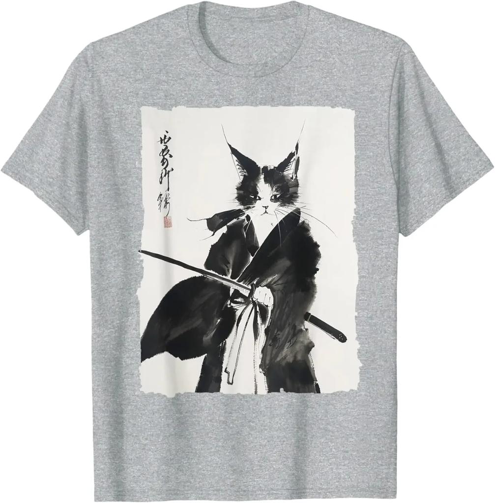 2025 Men's Samurai Cat Art Pattern Harajuku Print 100% Pure Cotton short-sleeved T-shirt Y2k Comfortable Loose top
