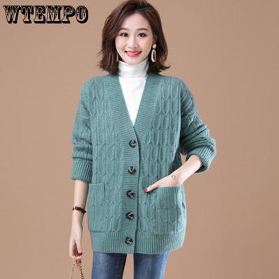 Женский вязаный кардиган большого размера с толстым свободным универсальным пальто, однотонный свитер-куртка