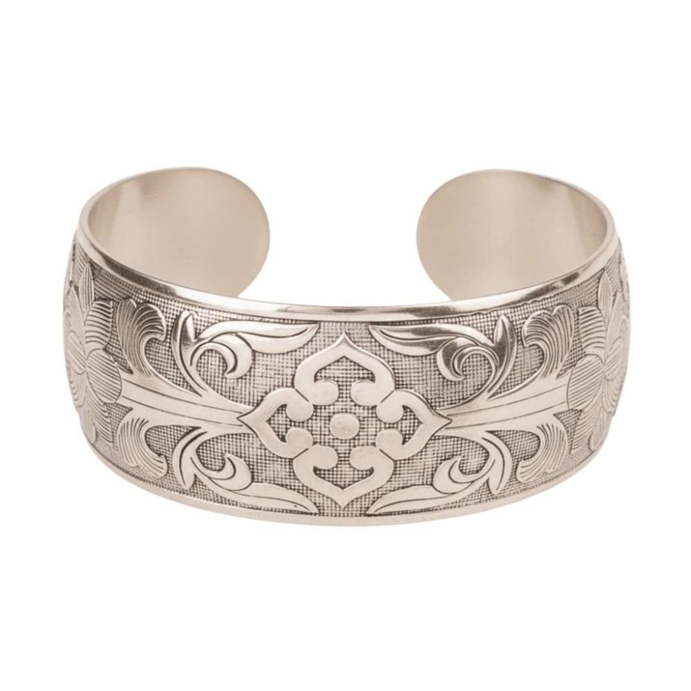 Lotus Silver Opening Bangle Vintage Thai Wrist Jewelry Carved Wide Bracelet Party