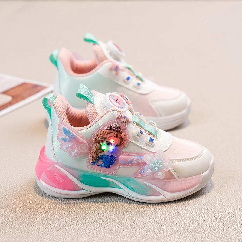 Туфли принцессы Эльзы для девочек, светящиеся, осенние, кожаная поверхность, вращающаяся кнопка, для детей, учеников начальной и средней школы, платформа, удобная для папы