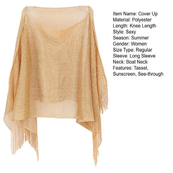 Summer Beach Mesh Cover Up Tassel Decor See-through Loose Swimsuit Thin Sunshade Beachwear Blouse Irregular Holiday Sexy Long Bikini Top