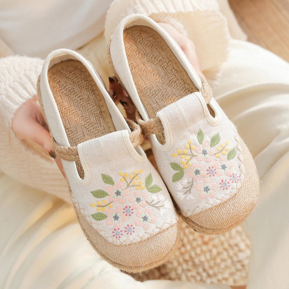 Женская обувь на плоской подошве с вышивкой, повседневная хлопково-льняная лаконичная удобная женская обувь ручной работы с круглым носком и цветочным принтом