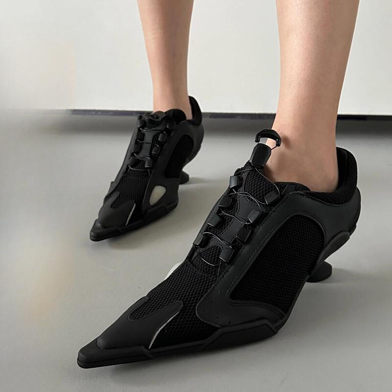 Мода 2025 Весна Черный Заостренный носок Спортивные Высокие Кроссовки Каблуки Женские Сетчатые Боксерские Повседневные Туфли Дизайн Бренда Модная Сексуальная Обувь