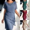 2026 Amazon Independent Station New Summer Slim Dress Splicing Chiffon Crew Neck Short Sleeve Dress Women