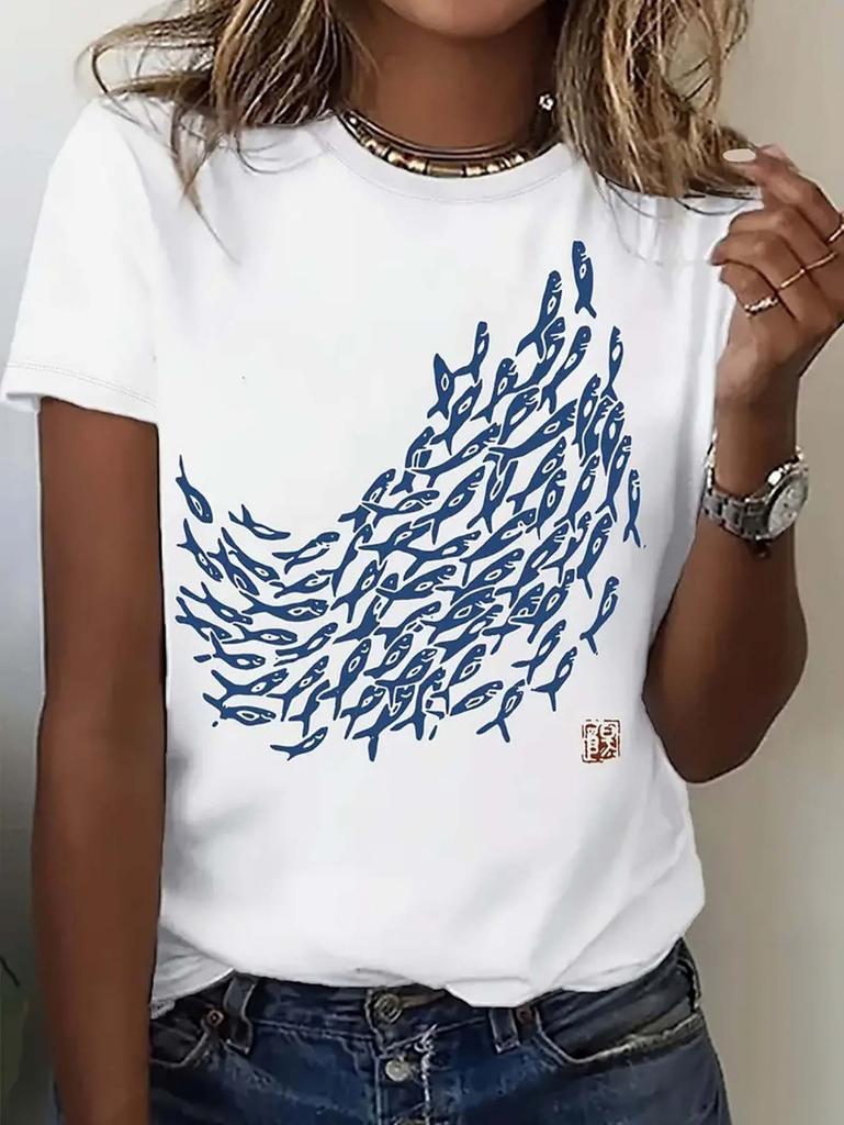 Women's Short Sleeve T-Shirts Summer Colorful Fish Graphics 3D Print T-Shirt Fashion Casual Harajuku Y2k Tops Women's Clothing