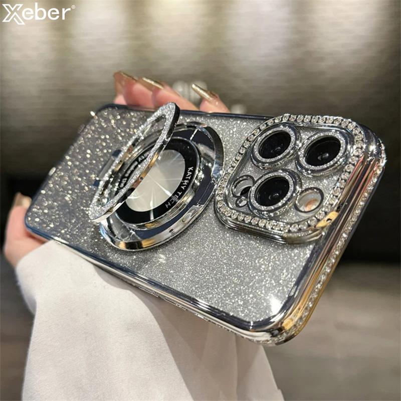 Роскошное покрытие Для Magsafe Магнитный Держатель Чехол с Блестками и Алмазами Для iPhone 17 16 15 11 12 13 14 Pro Max Силиконовая Крышка