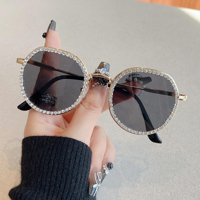 Солнцезащитные очки в металлической круглой оправе с цветными стразами, персонализированные очки в маленькой оправе, ретро-солнцезащитные очки