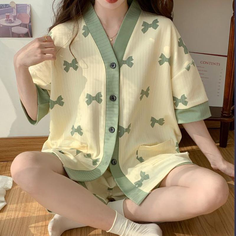 Плюс размер пижамы женский летний кардиган с короткими рукавами комплект домашней одежды