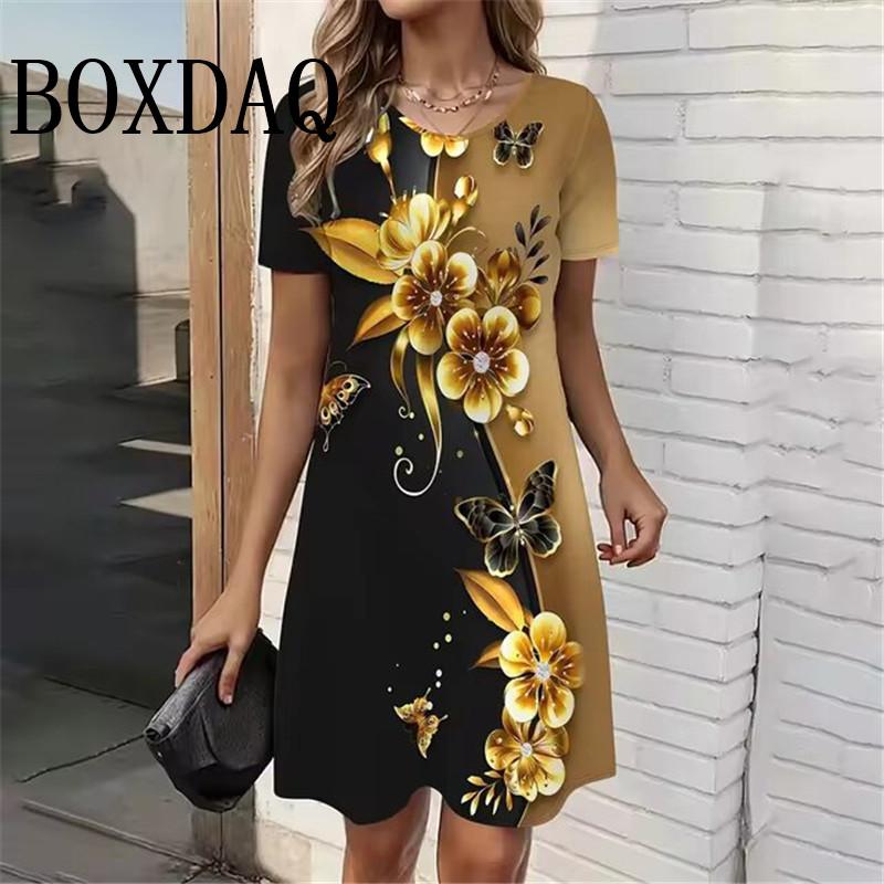 Свободные платья с принтом 3D-бабочки, летнее женское вечернее платье с круглым вырезом и коротким рукавом, элегантный женский сарафан