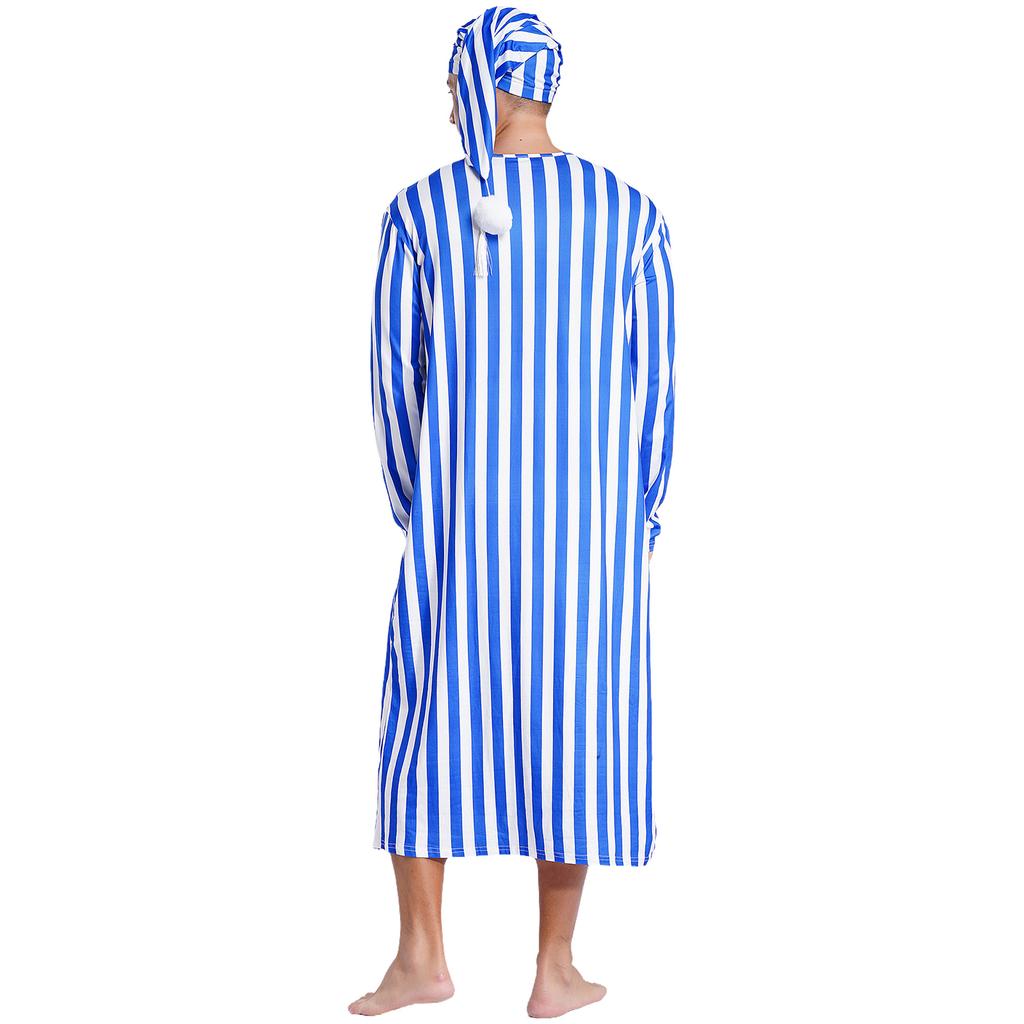 Mens Sissy Nightwear Striped Sleep Robe with Hat Long Sleeve Long Robe And Pompom Adjustable Sleep Hat Arabian Muslim Pajamas