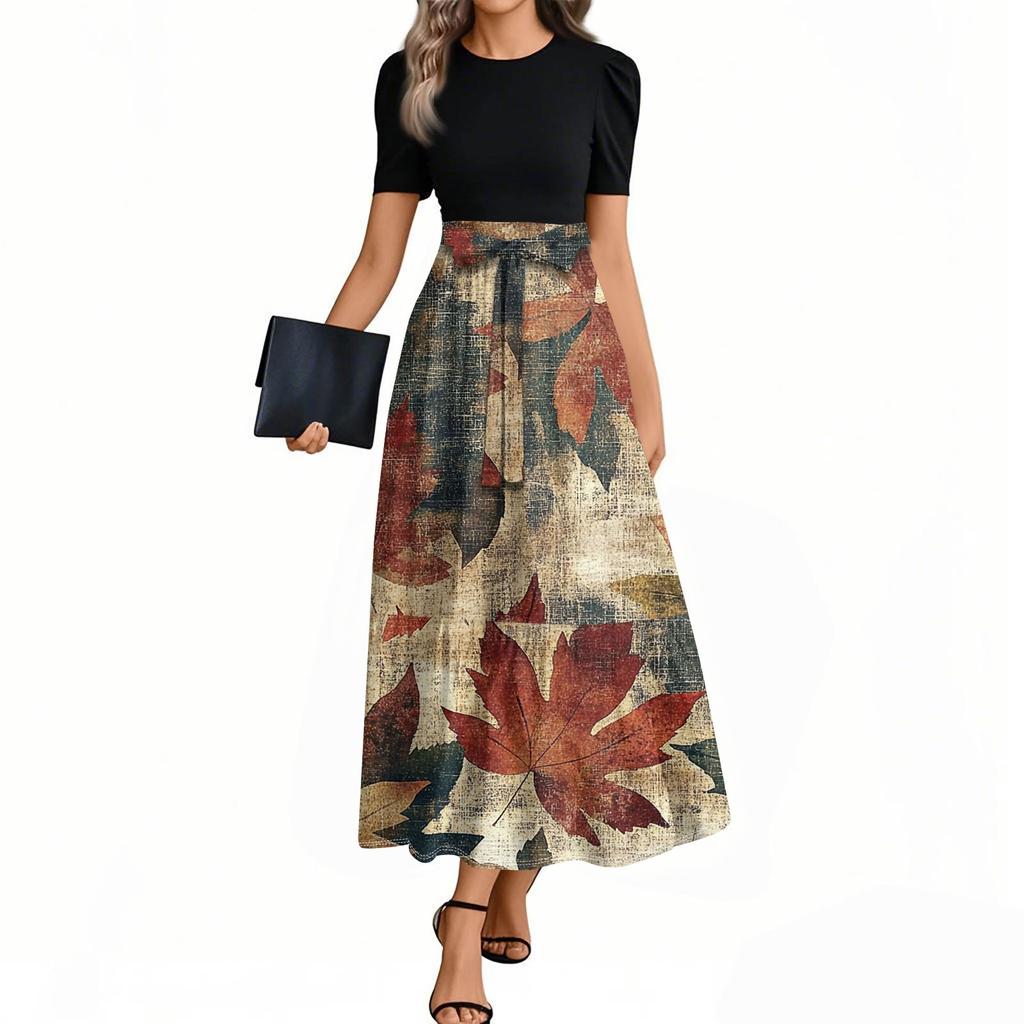 Женское элегантное модное повседневное платье с цветочным принтом и поясом, короткими рукавами и круглым вырезом