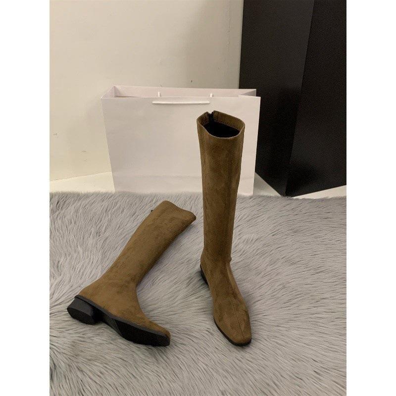 Замшевые тонкие длинные сапоги с толстым каблуком и острым носком, женская обувь 2024 года, новая осенне-зимняя версия, длинные сапоги в корейском стиле, средние сапоги-трубы в стиле рыцарь