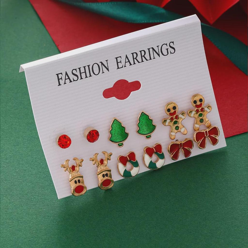 6-Piece Christmas Earrings Set: Creative Bow, Elk, and Christmas Tree Designs