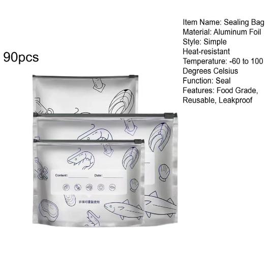 30/60/90Pcs Aluminum Foil Sealable Storage Bags Reusable Leakproof Vacuum Pouches with Label Zip Lock Food Grade Vegetable Fruit Meat Sealing Bag