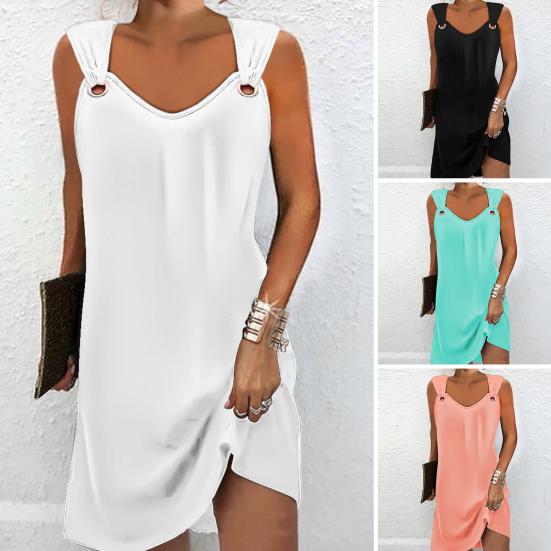 Летнее женское платье-жилет без рукавов с v-образным вырезом и полым кольцом, однотонное свободное платье, тонкое мини-платье, уличная одежда