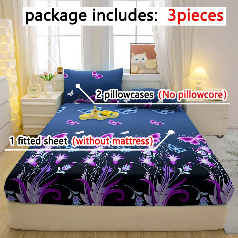 3-piece Simple modern butterfly pattern matte three piece fitted sheet set, bedroom printed bed cover set, bedding