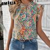 Женские модные повседневные летние весенние однотонные блузки и рубашки без рукавов с круглым вырезом и принтом