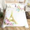 Paris Eiffel Tower Duvet Cover Set, 3D Pink Floral Print Bedding Quilt Cover Pillowcases