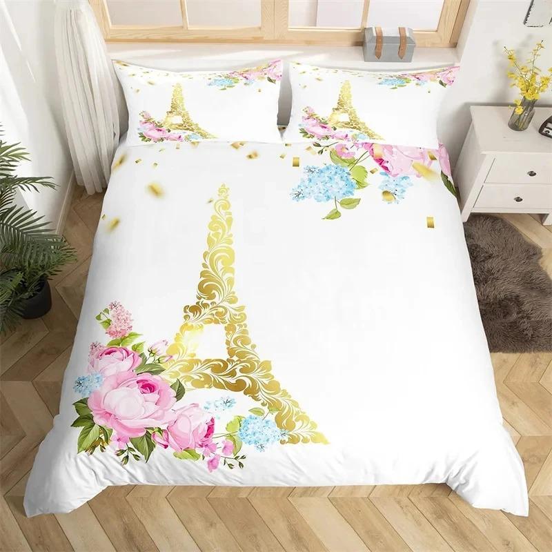 Paris Eiffel Tower Duvet Cover Set, 3D Pink Floral Print Bedding Quilt Cover Pillowcases