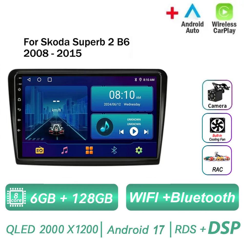 Autoradio Android 17 pour Skoda Superb 2 B6 2008-2015 avec Carplay, Navigation, Lecteur Multimédia, GPS, WiFi+4G, Vidéo, BT, Unité Centrale 2 DIN