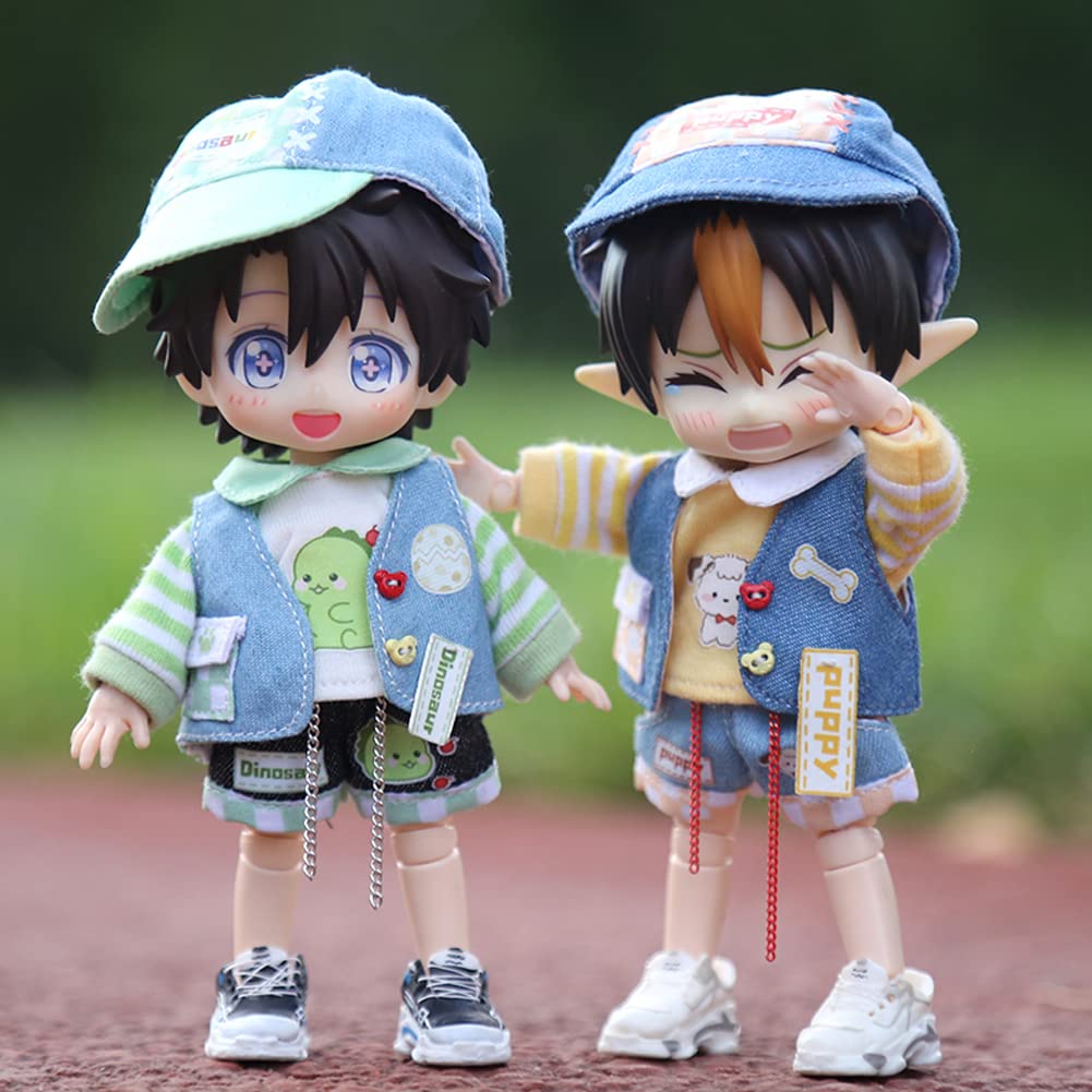 Rakulifey Obitsu 11 Clothes, Hat, OB11 Size Costume Set, Jacket, Pants, Vest, 112 BJD Doll Clothes, 4-Piece Set (Green)