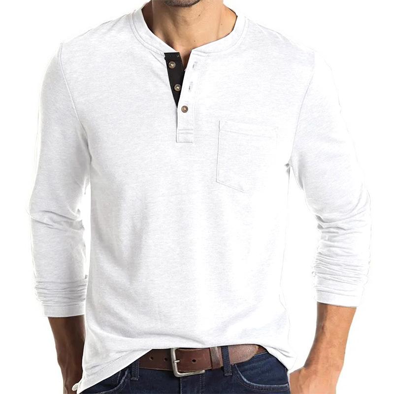 Beauty Vintage Casual Round Neck T-shirt Men's Solid Button Patchwork Pocket Trendy Versatile Cotton Breathable Long Sleeve Top
