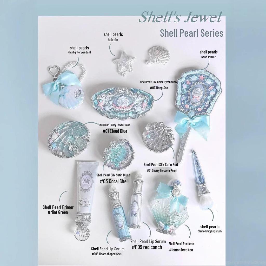 Flower Knows Pearl Satin Blush, Lip Glaze, Eyeshadow, Highlighter, Under-eye Pen, Perfume, Color Correcting Emulsion.