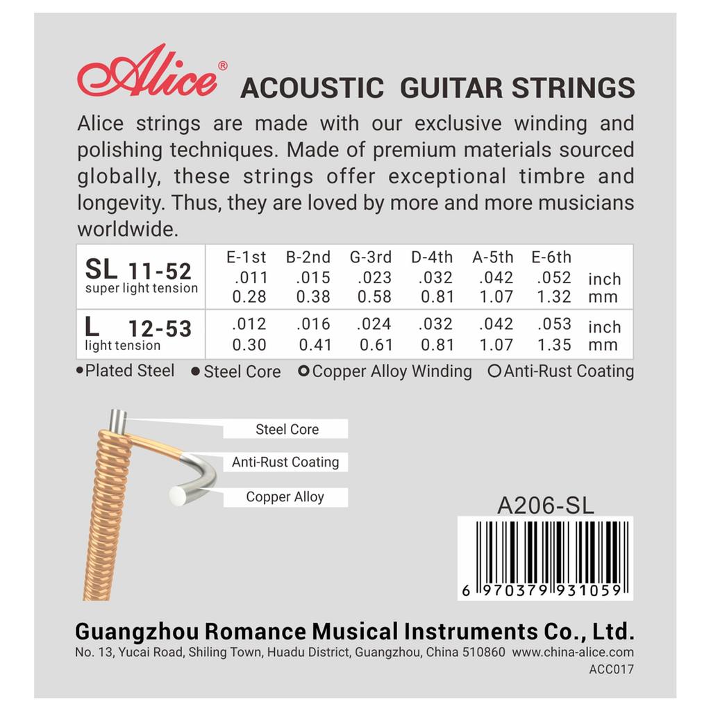 Alice Acoustic Guitar Coated Practice Phosphor Bronze A206 Super Light Strings, Anti-Rust Strings, (.011-.052), 3-Pack