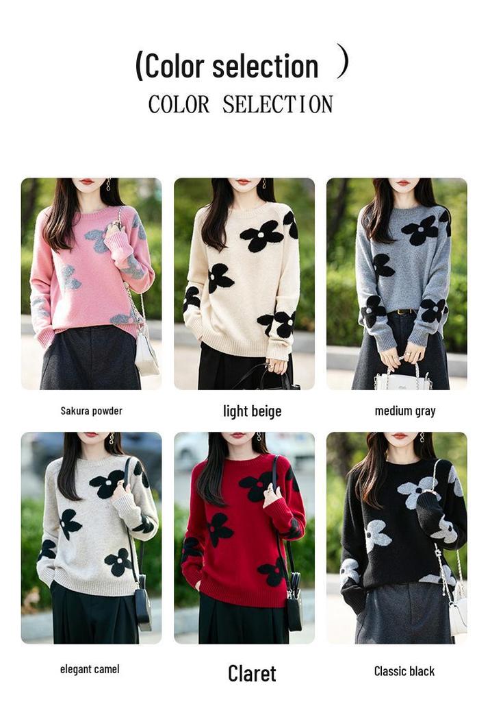 Women's 100% Pure Wool Color Block Jacquard Knit Sweater - Round Neck, Loose Fit, Thick for Autumn/Winter