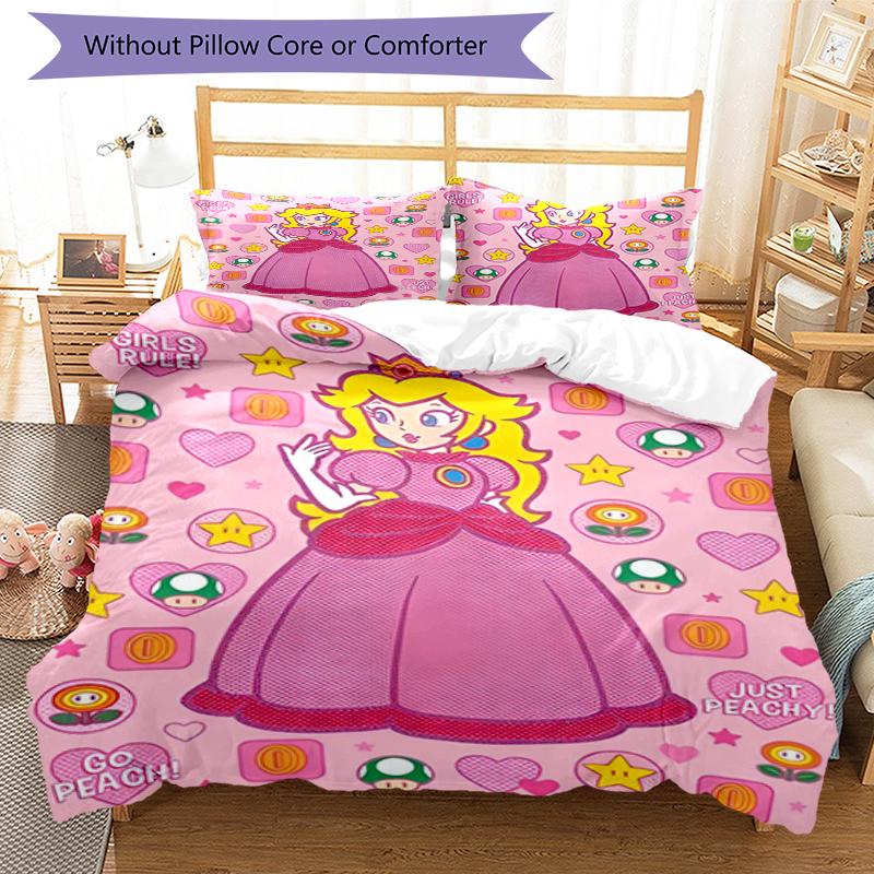 3pcs Princess Peach Bedding Set Duvet Cover Closure Includes 1 Duvet Cover & 2 Pillowcases, Soft and Comfortable for All Seasons.