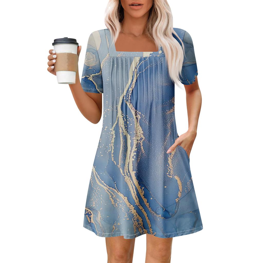 Женские летние повседневные платья с квадратным вырезом, плиссировкой спереди и карманом, с короткими рукавами и принтом