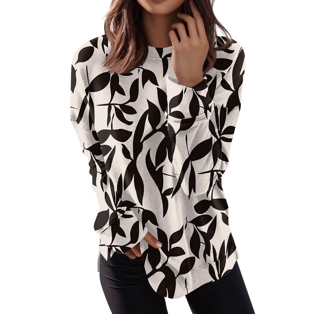 Women's Round Neck Tops Cotton Women's Casual Fashion Print Long Sleeve O-Neck Pullover Top Blouse