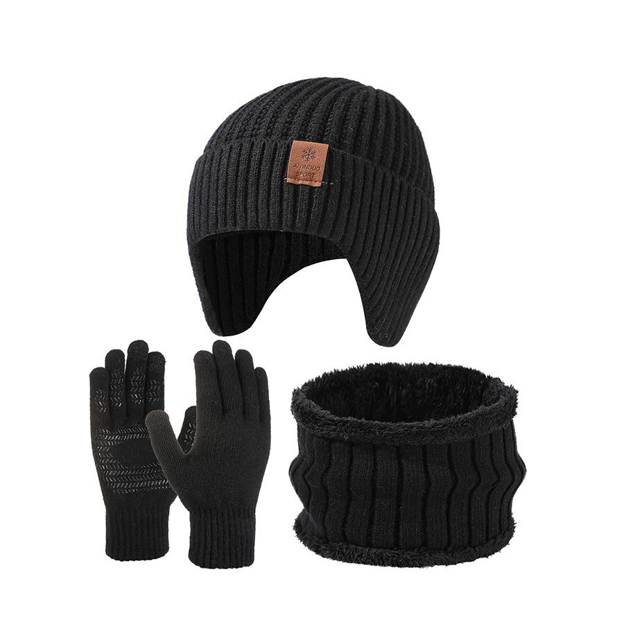 High Stretch Wool Hat Warm Hat Kit Scarf Gloves Three-Piece Set Men's Winter Outdoor Ear Protection Knitted Hat