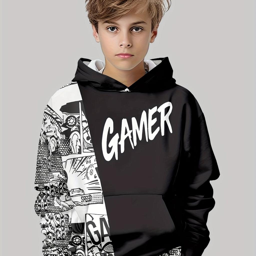 Colorblock Long Sleeve Hoodie - 3D Print Cartoon GAMER Letter Design, Cozy Sweatshirt with Stylish Graphics - Perfect for Fashion-Conscious Boys