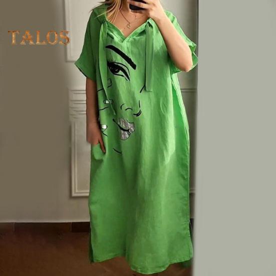 Женское платье с принтом лица, свободное платье с капюшоном и шнурком в богемном стиле с короткими рукавами, городской стиль, пуловер с разрезом по краю и боковым карманом, платье миди длиной до середины икры