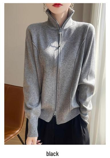 La Chapelle French Style Zip-Front Knit Cardigan