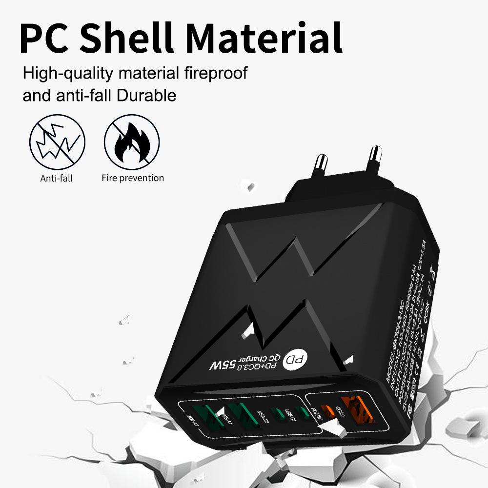 Быстрое зарядное устройство PD 25 Вт на 6 портов: 3 USB, 3 PD 55 Вт с QC3.0 – Штекеры EU, UK, AU