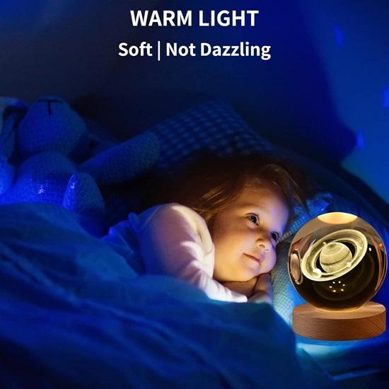 Moon Crystal Ball Night Lamp, Creative Engraved  Room, USB Table LED Lamp with Woodern Base, Light for Home Office Decoration Birthday Gift