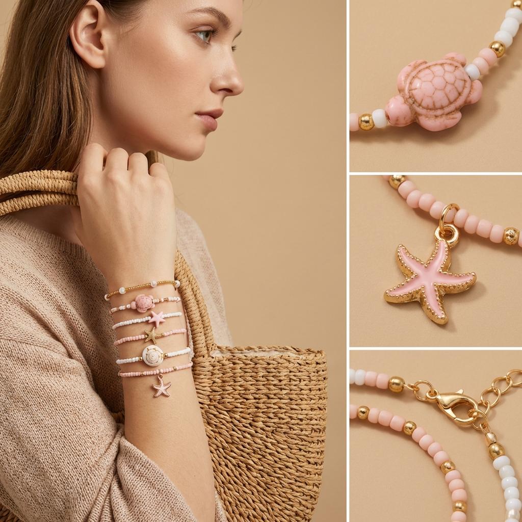 6 Pcs/Set Ceramic Sea Turtle Starfish Stacked Bracelets for Women Bohemian Pink Rice Beaded Multilayer Bracelets Party Jewelry
