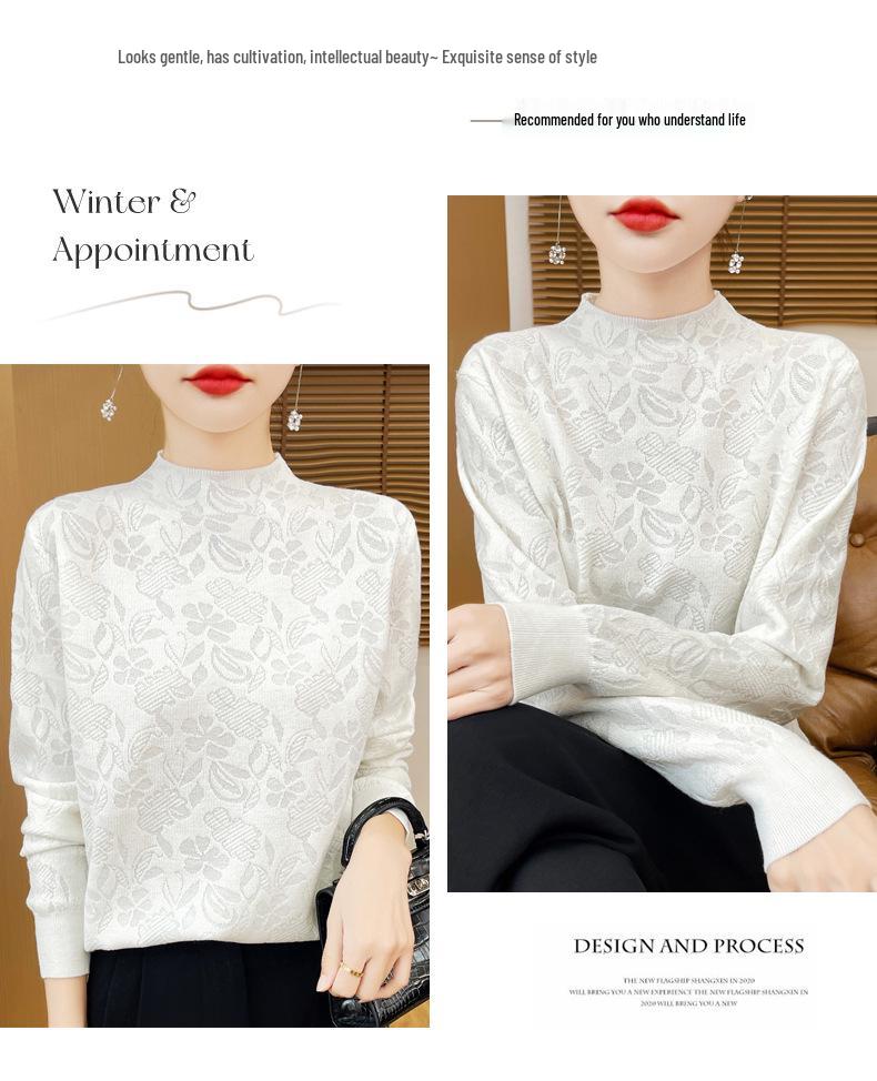 Dark Floral Half-High Collar Sweater for Women - Autumn/Winter Knitwear, Versatile Stylish Base Layer Top