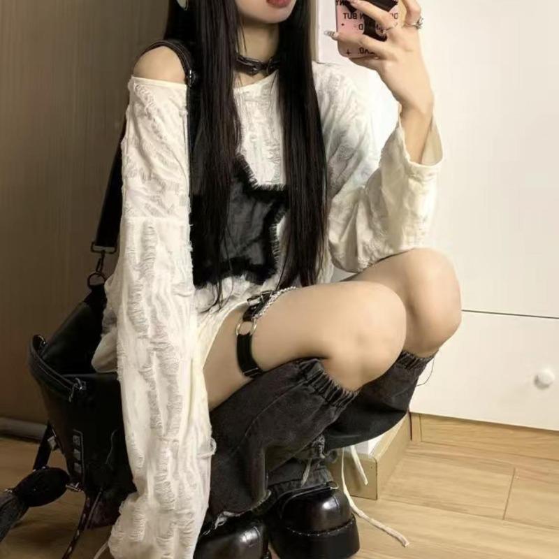 2KWEIRD Гранж Футболка с дырками Женская Мода Принт Звезда Y2k Эстетика Свободные Футболки Kpop Fairycore Рваная Футболка Харадзюку Готика Уличная Одежда