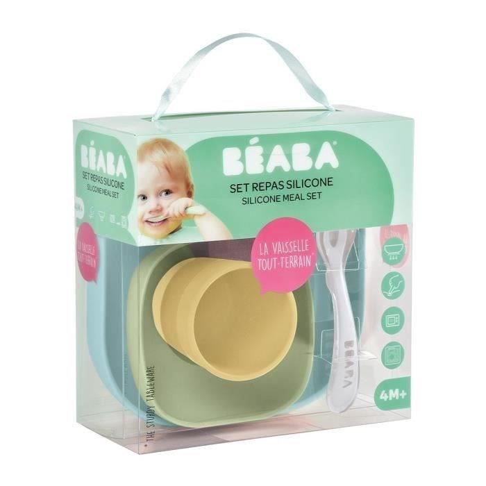 BEABA Set vaisselle silicone repas bébé, 4 pièces, avec ventouse, anti-dérapant, jaune