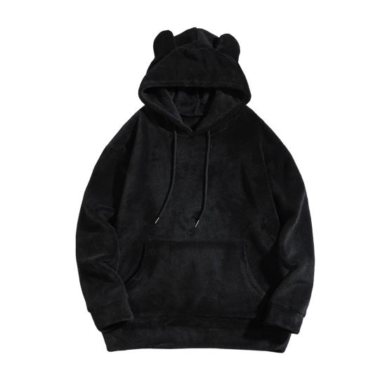 Зимняя мужская толстовка с капюшоном с декором в виде мультяшных ушей, двухсторонний бархат с большим передним карманом, свободная длинная