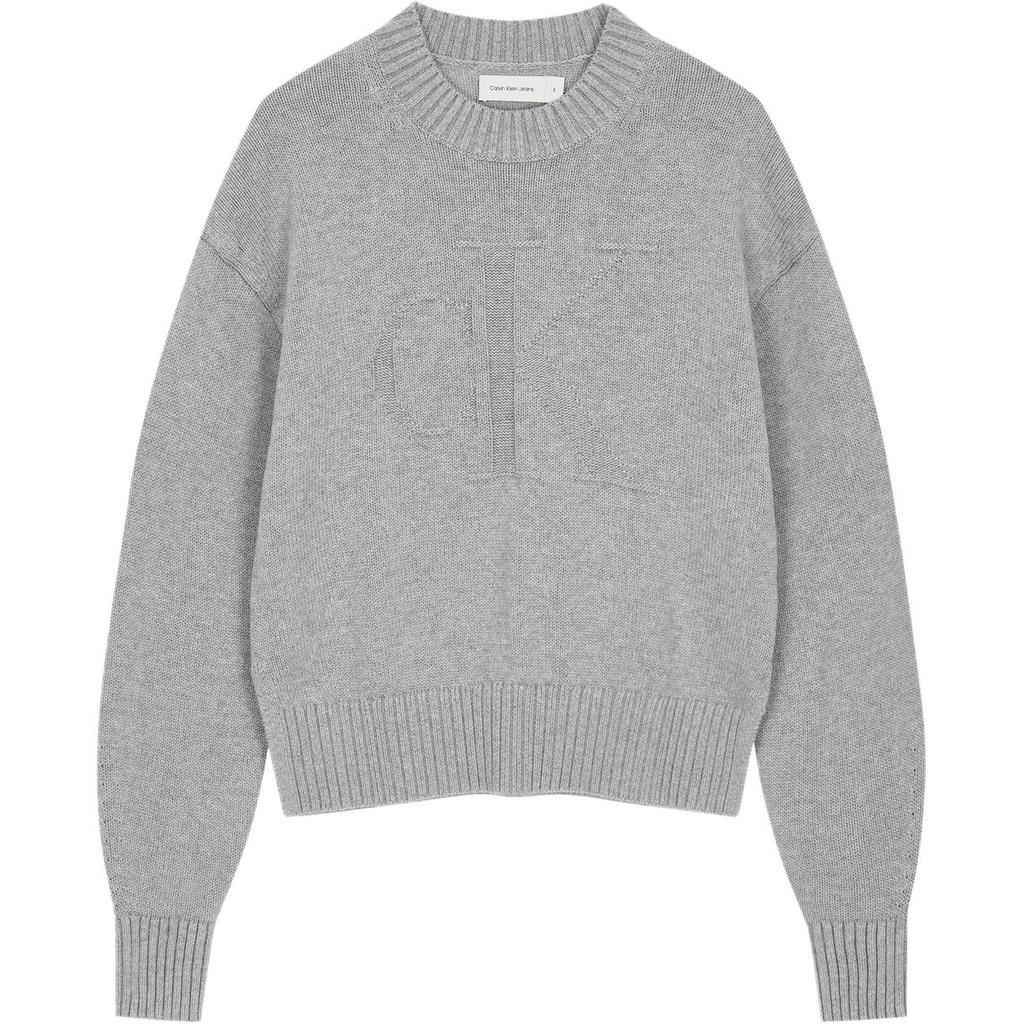 Calvin Klein Jeans Solid Letter Embroidered Loose Fit Crew Neck Sweater Women Sweater Gray J224224-P41