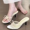 Skinny Thin Heel One-word Versatile Slippers Women's 2025 Summer New Bow Round Head Open-toed High-heeled Sandals